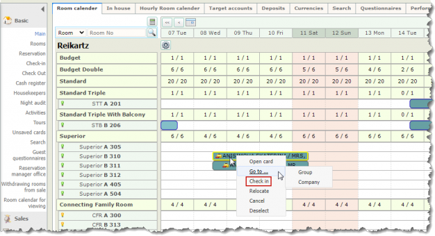 Check-in of a guest from a room calendar <Ctrl+Left Click>